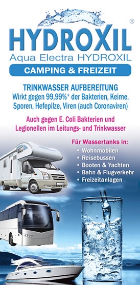 blauer Flyer für Hydroxil-Trinkwasser-Aufbereitung bei Camping u Freizeit