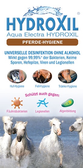 blauer Flyer für Hydroxil-Trinkwasser-Aufbereitung PferdeHygiene