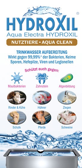 Hydroxil Trinkwasser für Nutztiere blauer Flyer für Hydroxil-Trinkwasser-Aufbereitung bei Nutztieren