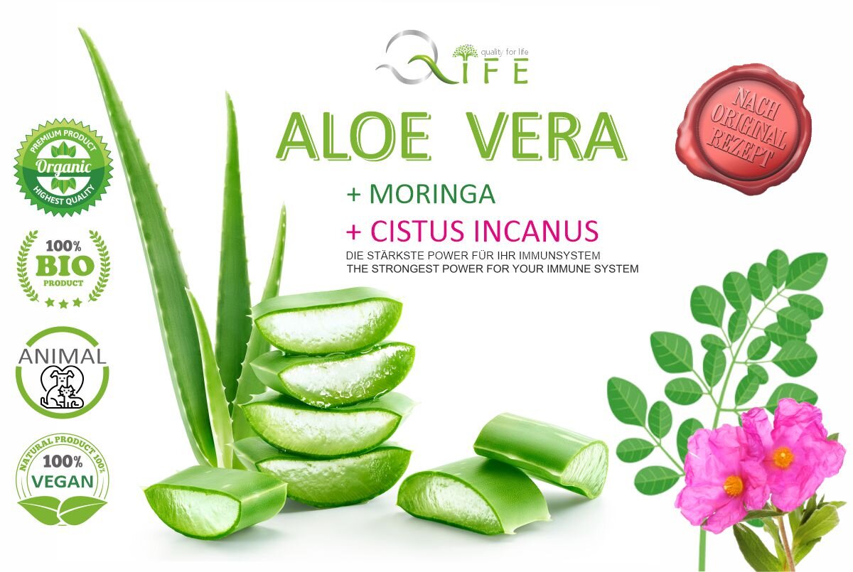q-lifes Aloe Vera mit Moringa und Cistus Incanus sowie 4 Gütesiegeln